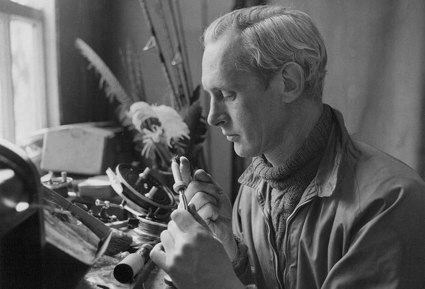 Dick tying a fly in his shed - the 'Thorndike' reel on the desk